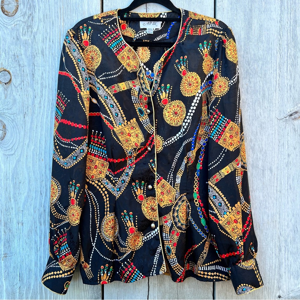 Vintage AP Ltd. long sleeve button down gold trim medallion patterned blouse